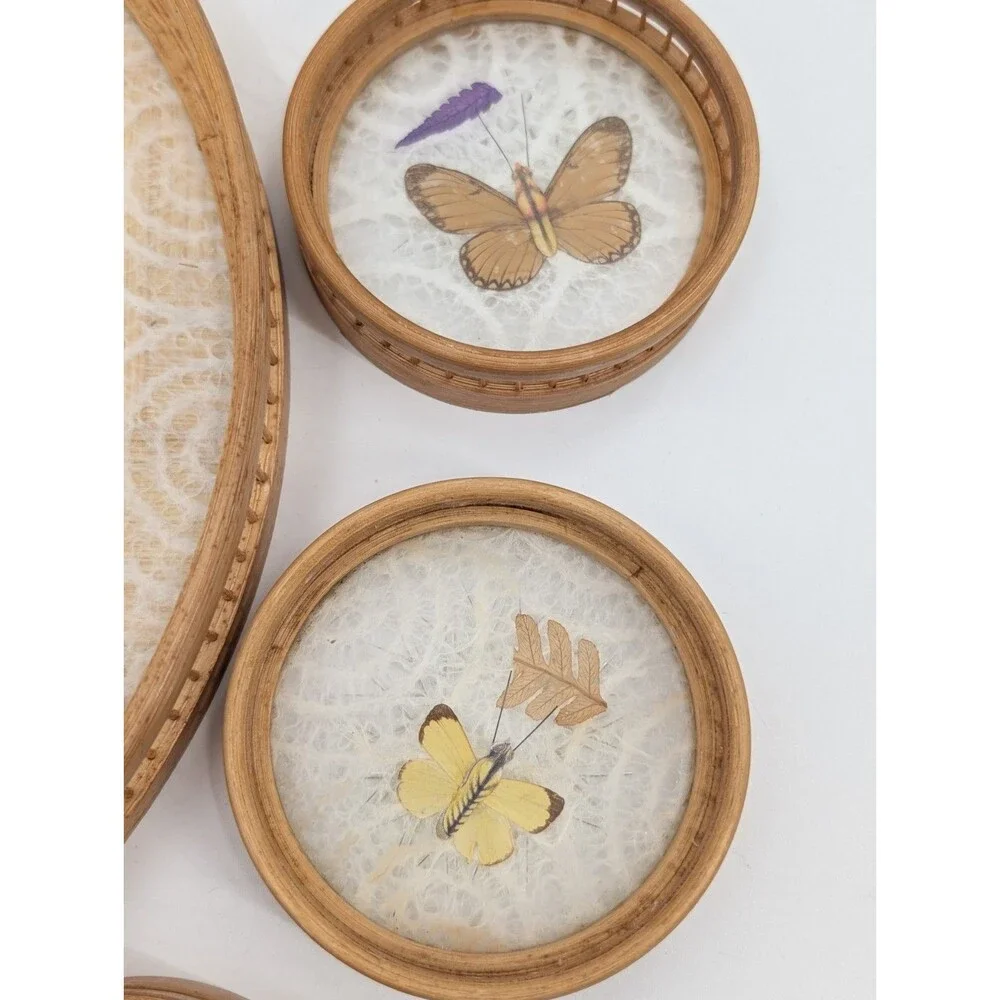 Himark Bamboo Tray Coaster Set Acrylic Pressed Butterfly Flowers 7 Pc Vintage